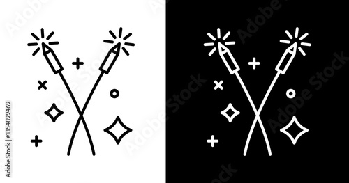 black and white illustration of fireworks icon 
