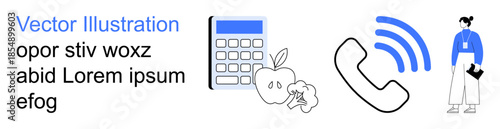 Education, communication, wellness, technology, remote work, daily life. a calculator, apple phone symbol and person holding documents. Communication and education concept