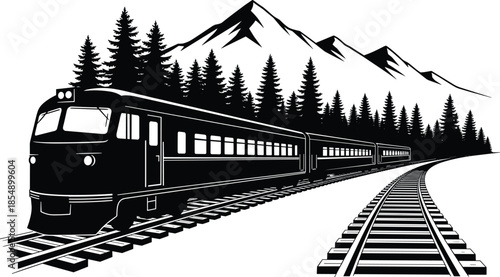 Black and white illustration of a passenger train traveling through forested mountains, showcasing scenic railway landscape, nature exploration, transportation travel, and outdoor adventure.