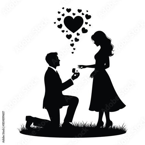 Man proposing to woman with heart above them isolated on