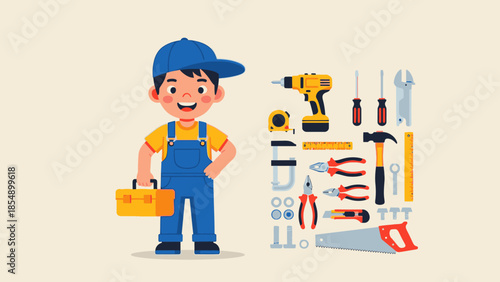Cartoon worker holding toolbox with various tools displayed on a clean background illustration