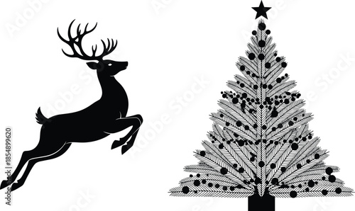 Black and white illustration of a leaping reindeer beside a decorated Christmas tree, symbolizing holiday spirit, winter celebration, festive season, and traditional Christmas themes.