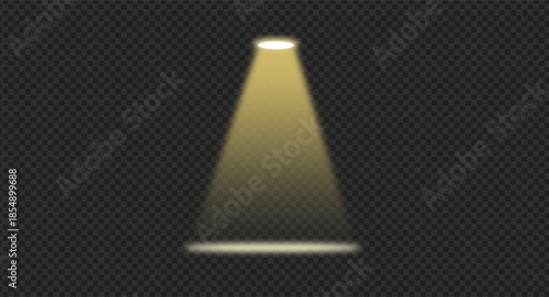 Gold spotlight with glow dust, light source with reflection on the floor on transparent background. Golden yellow spotlight beam illuminating a stage or scene on a transparent background for various