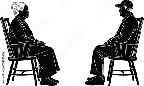 Black and white vector silhouette of two senior people sitting in wooden chairs, symbolizing conversation, aging, relationship, and facing each other on a white background.