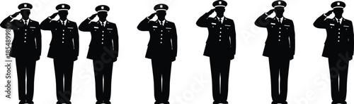 Black Silhouette Set of Military or Police Officers in Uniform Saluting, Representing Patriotism, Service, Authority, and Respectful Graphics