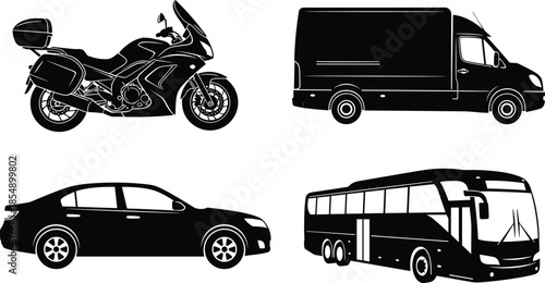 Black vector silhouettes of four different vehicle types motorcycle, delivery van, sedan car, and passenger bus representing transport, travel, and logistics concepts.