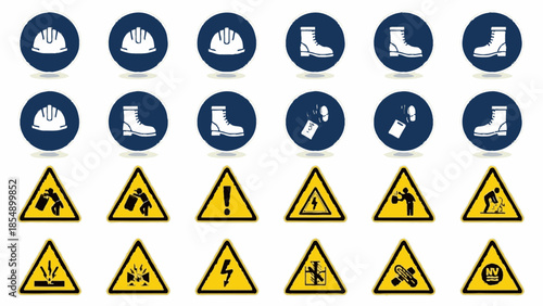 Workers wear protective gear and follow safety signs on construction site with warnings