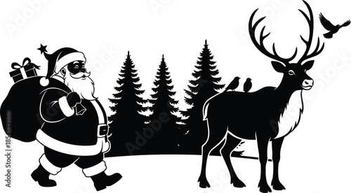 Christmas woodland silhouette scene showing Santa carrying gift sack walking near majestic deer with birds, surrounded by pine trees and winter atmosphere