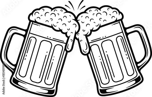 Clinking beer mugs illustration with overflowing foam, symbolizing celebration, cheers, party atmosphere, friendship, festivity and traditional brewery drinking culture