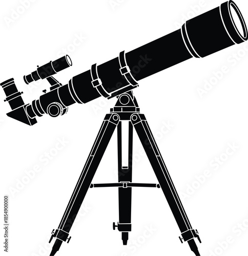 Detailed black and white illustration of an astronomical telescope on tripod, showcasing professional stargazing equipment for astronomy, space observation, and scientific exploration.