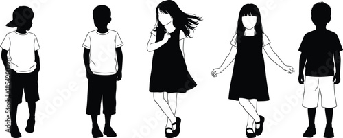 Diverse Black and White Silhouettes of Young Children, Including Boys and Girls Posing, Ideal for Youth, Education, and Design Projects