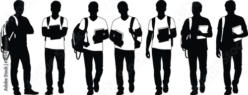 Diverse group of male college students, represented by black silhouettes, walking and standing with backpacks and books, symbolizing education and university life.