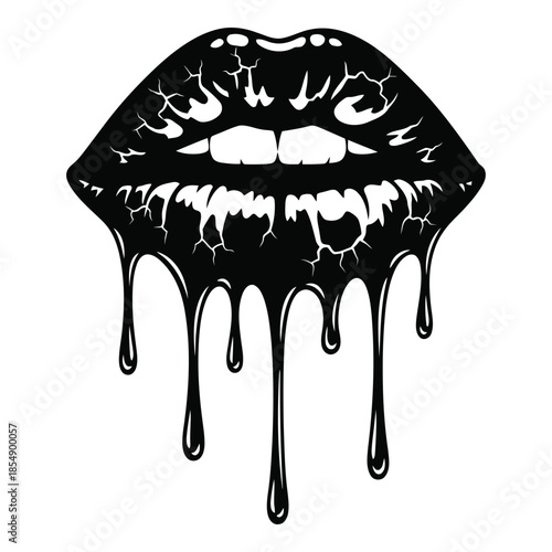Black and white illustration of melting lips with cracked effect isolated on