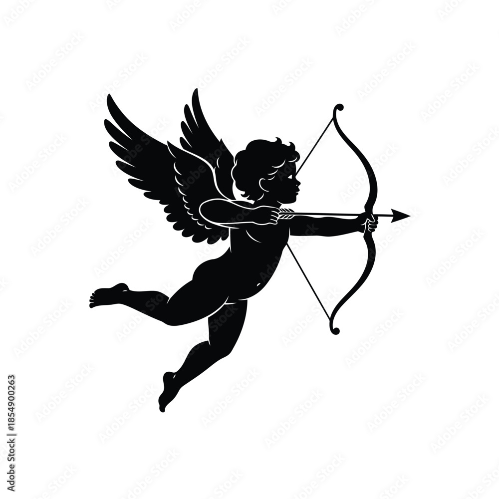 Fototapeta premium Black silhouette of cupid with bow and arrow on transparent background
