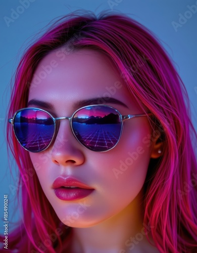 Synthwave Sunglasses Portrait: A Woman with Retro Style Reflecting a Neon Grid Landscape, Cool Blue and Magenta Lighting, Perfect for Fashion and Lifestyle Concepts