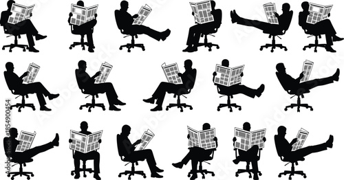 Large set of vector silhouettes showing men in ergonomic office chairs reading an open newspaper in various seated and relaxed poses for news and media concepts.