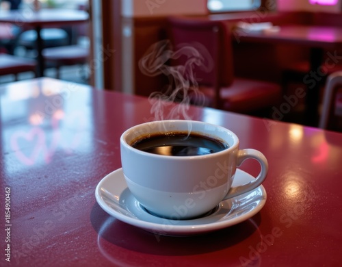 Steaming Black Coffee Cup on Diner Table, Neon Reflection, Cinematic 80s Film Noir Style
