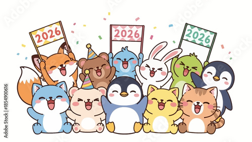 Cute cartoon animals celebrate New Year 2026 with colorful confetti and signs