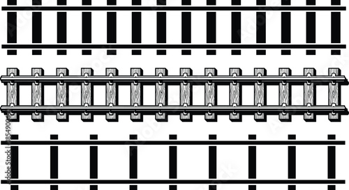 Railway track illustration set showing wooden sleepers and steel rails in top view, isolated black and white transportation design elements