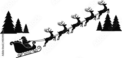 Santa Claus flying in sleigh pulled by reindeer over winter pine forest, festive Christmas silhouette illustration representing holiday magic and seasonal tradition