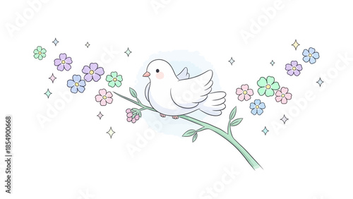 White bird sitting on a flowering branch with colorful blooms and sparkles 
