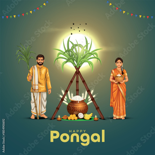 Vector illustration of Happy Pongal Holiday Harvest Festival of Tamil Nadu South India greeting vector background