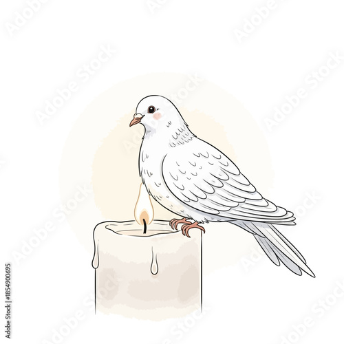 A white dove sits on a melting candle with a flame burning steadily nearby