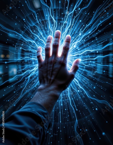 Hand Reaching Through Energy Wall: Concept of Power, Technology, and Supernatural Ability in Cold Blue Light