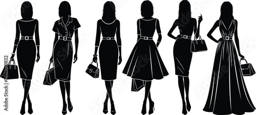 Set of Six Elegant Female Fashion Silhouettes in Business, Cocktail, and Formal Evening Attire, Carrying Handbags and Shopping Bags.