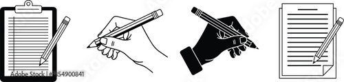 Set of vector icons showing hands holding a pencil, writing on a clipboard, and final documents for note taking, education, and documentation purposes.