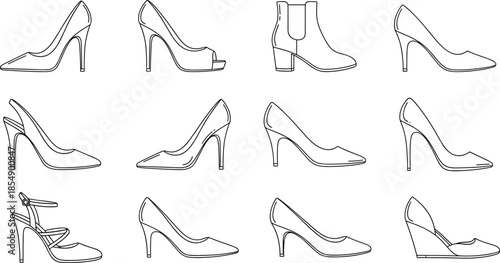 Set of twelve elegant women's high-heeled shoes and ankle boots line art vector drawings, representing fashion, retail, beauty, and various footwear styles.