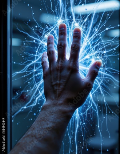 Supernatural Power Connection: A Hand Reaching Out in a Lab Setting, Infused with Cold Blue Energy, Symbolizing Technological Advancement and Emotional Intensity