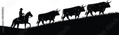 Silhouette illustration of a cowboy on horseback driving cattle uphill, showcasing western ranch life, livestock movement, rural scenery, and traditional cowboy culture.