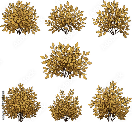 Create a kinds of deferent realistic Small bush with yellow autumn leaves, vector art with white background..