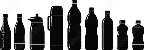 Plastic bottle silhouettes, beverage container set, drink packaging shapes, water bottle collection, reusable thermos outline, black vector illustration, container design elements