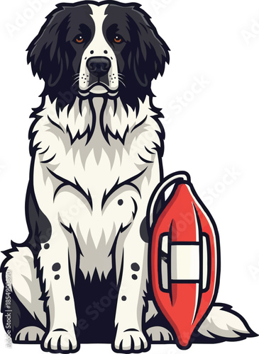 Landseer dog water rescue sitting pose facing front 