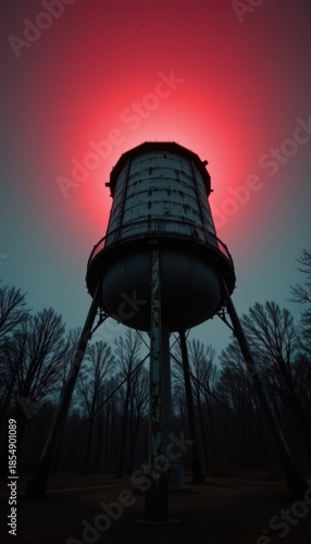 Eerie Silhouette of an Old Water Tower with Red Backlighting and Swirling Mist - Retro Horror Aesthetic