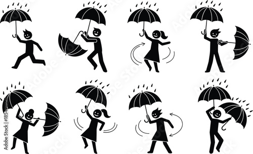 Playful stick-figure people using umbrellas in windy rainy weather, showing humorous motion, storm challenges, rain protection, outdoor activity, and dynamic movement illustration
