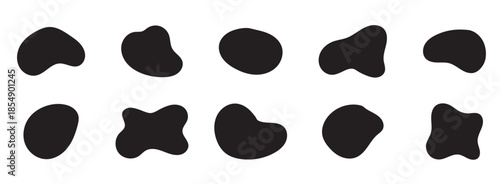 Organic black blobs of irregular shape. Abstract blotch, inkblot and pebble silhouettes, simple liquid amorphous elements. Organic blob shapes collection