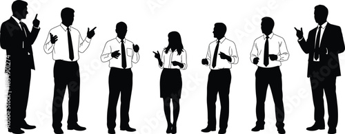 Vector silhouettes of diverse business people and professionals pointing and gesturing, representing communication, meeting, discussion, and corporate teamwork concepts on white.
