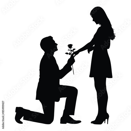 Silhouette of romantic man proposing to woman with rose on