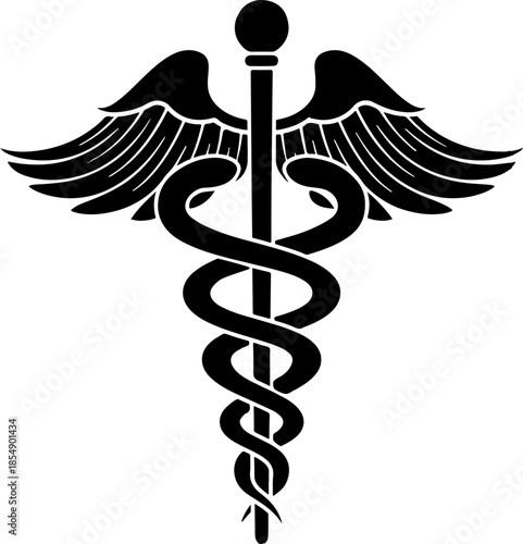 Symbolic caduceus medical icon exhibits a striking monochromatic silhouette against a transparent backdrop.Black caduceus symbol with wings and snakes medical healthcare icon