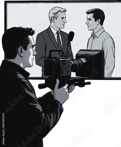 Create a Man with a film camera filming a television reporter interviewing a man vector art with white background.