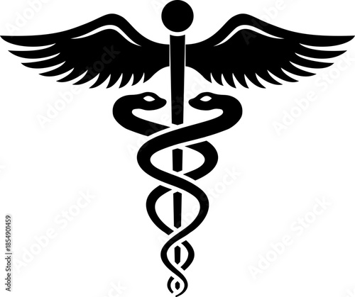 Symbolic caduceus medical icon exhibits a striking monochromatic silhouette against a transparent backdrop.Black caduceus symbol with wings and snakes medical healthcare icon