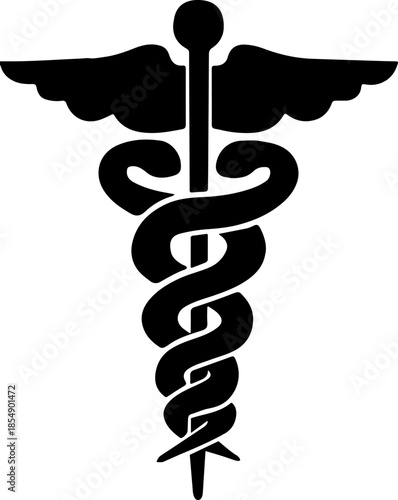 Symbolic caduceus medical icon exhibits a striking monochromatic silhouette against a transparent backdrop.Black caduceus symbol with wings and snakes medical healthcare icon