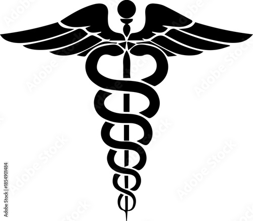Symbolic caduceus medical icon exhibits a striking monochromatic silhouette against a transparent backdrop.Black caduceus symbol with wings and snakes medical healthcare icon