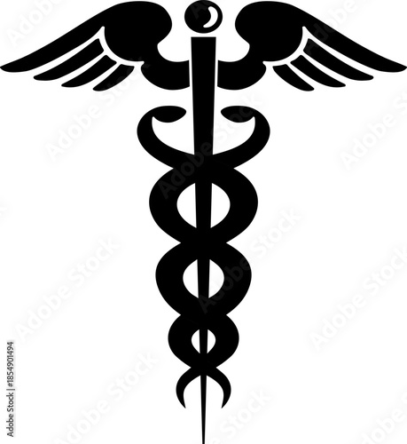 Symbolic caduceus medical icon exhibits a striking monochromatic silhouette against a transparent backdrop.Black caduceus symbol with wings and snakes medical healthcare icon