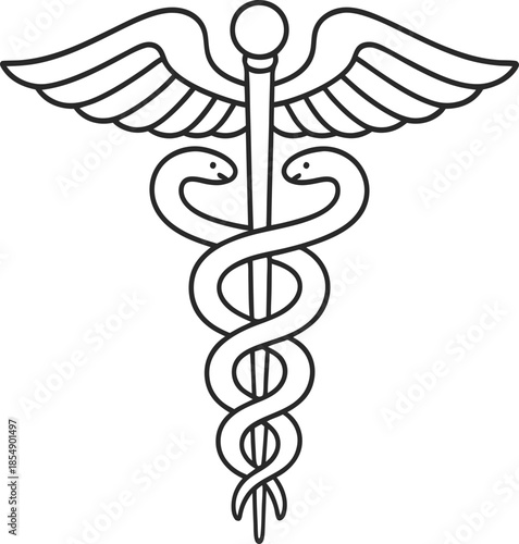 Symbolic caduceus medical icon exhibits a striking monochromatic silhouette against a transparent backdrop.Black caduceus symbol with wings and snakes medical healthcare icon