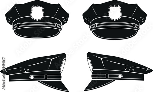 Police hat front and side view, black and white vector, law enforcement headgear, cad drawing, flat design, uniform icon illustration