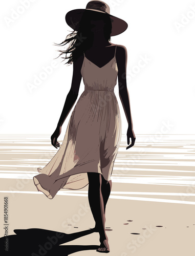 Create a realistic Backlit woman in a light summer beach dress and wearing a hat walking vector art with white background.